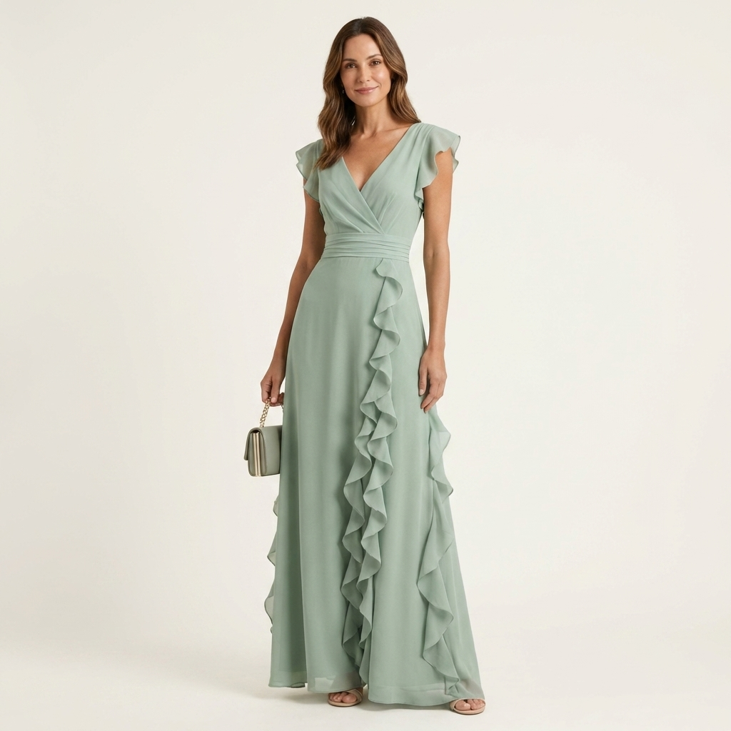 Nellyana | Vestido Maxi con Volantes en Cascada y Manga Flutter en Estilo Envolvente
