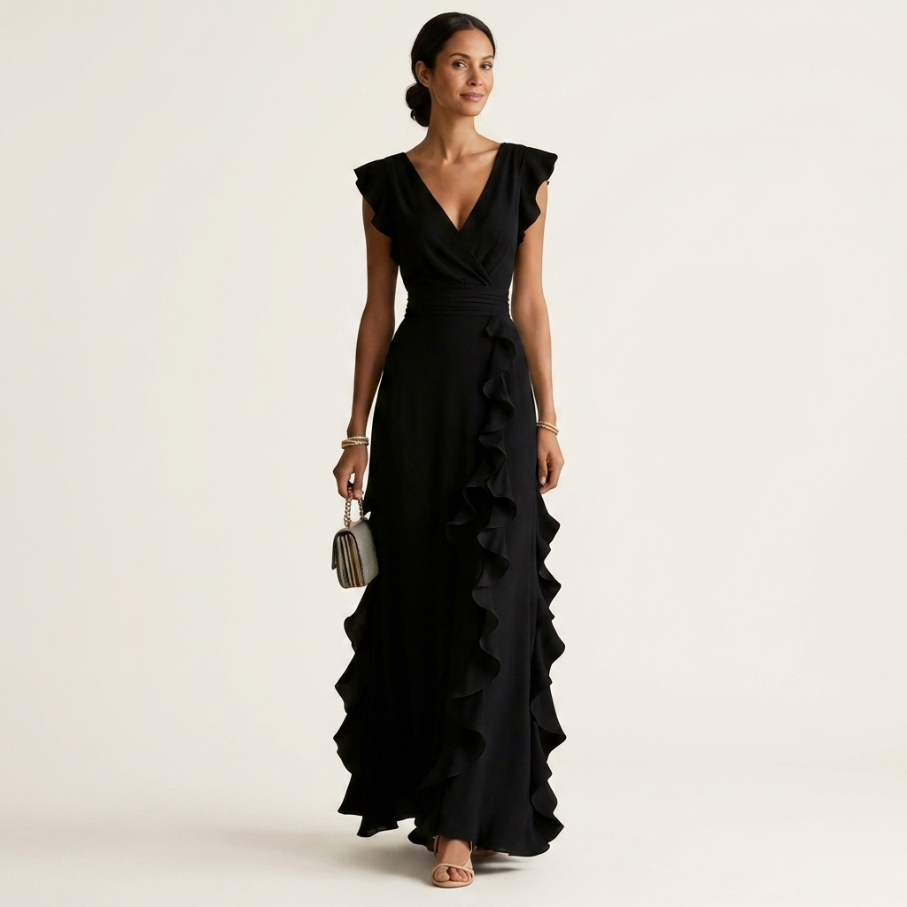 Nellyana | Vestido Maxi con Volantes en Cascada y Manga Flutter en Estilo Envolvente