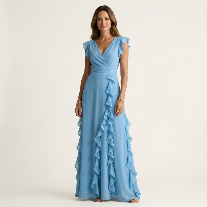 Nellyana | Vestido Maxi con Volantes en Cascada y Manga Flutter en Estilo Envolvente