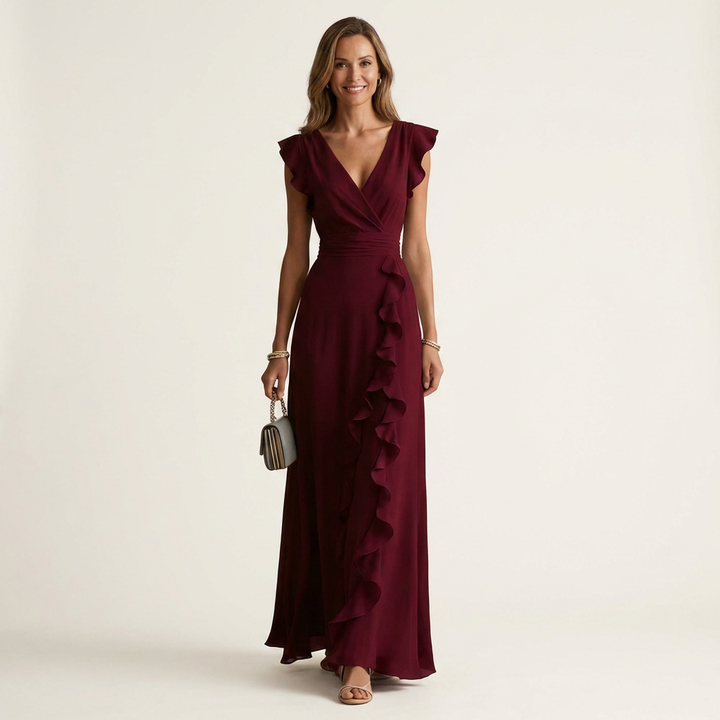 Nellyana | Vestido Maxi con Volantes en Cascada y Manga Flutter en Estilo Envolvente
