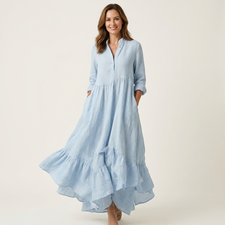 Jilana | Vestido Maxi con Cuello Alto y Botones, con Volantes en el Dobladillo