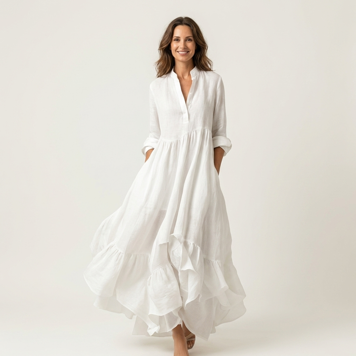 Jilana | Vestido Maxi con Cuello Alto y Botones, con Volantes en el Dobladillo