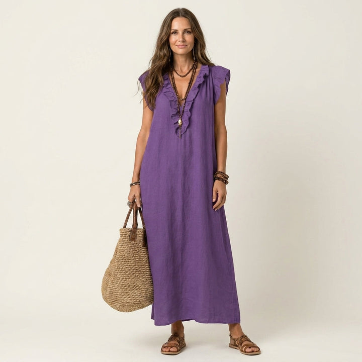 Josette | Vestido Maxi de Lino con Volantes y Escote en V