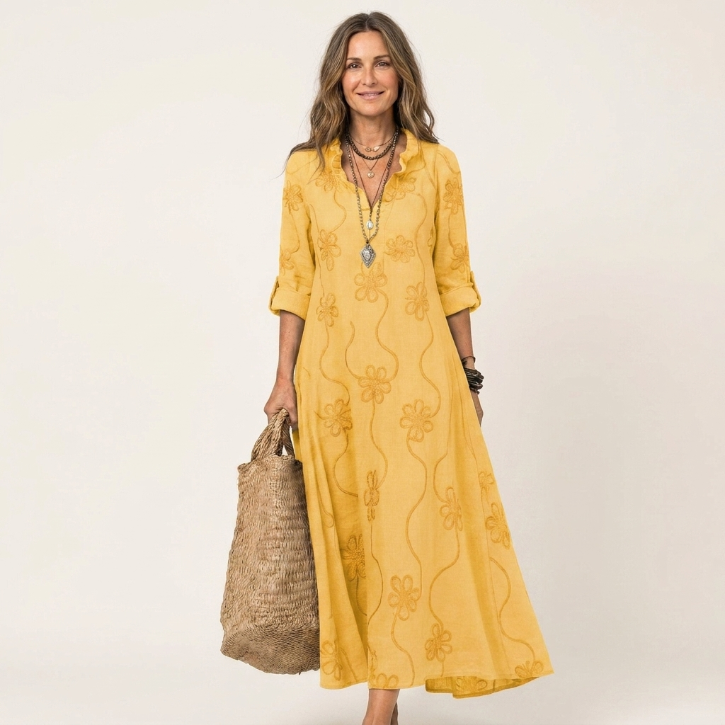 Mariam | Vestido Maxi de Algodón-Lino con Bordado Floral Tonal