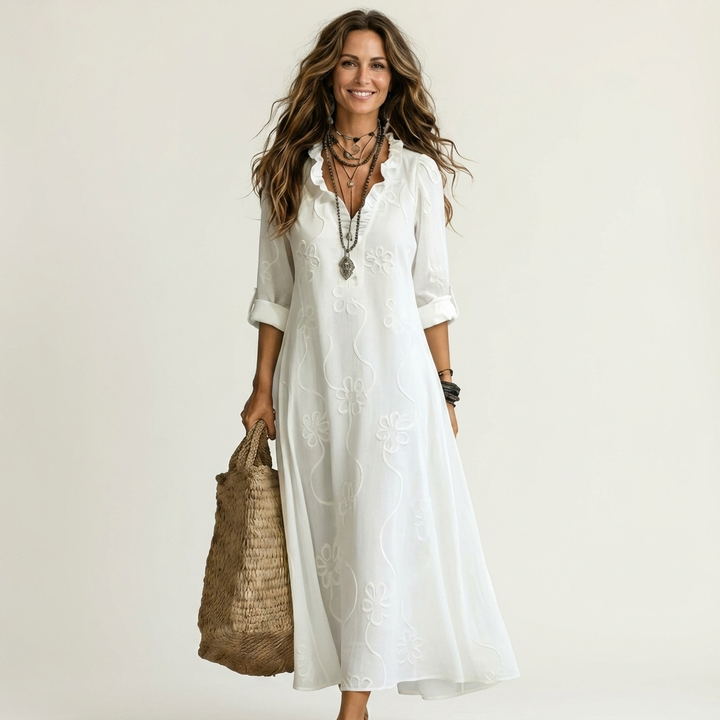 Mariam | Vestido Maxi de Algodón-Lino con Bordado Floral Tonal