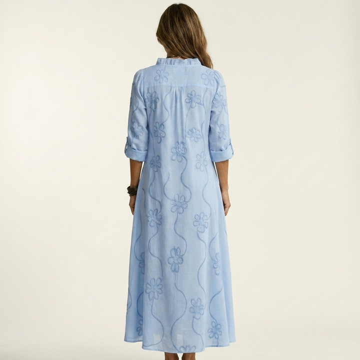 Mariam | Vestido Maxi de Algodón-Lino con Bordado Floral Tonal