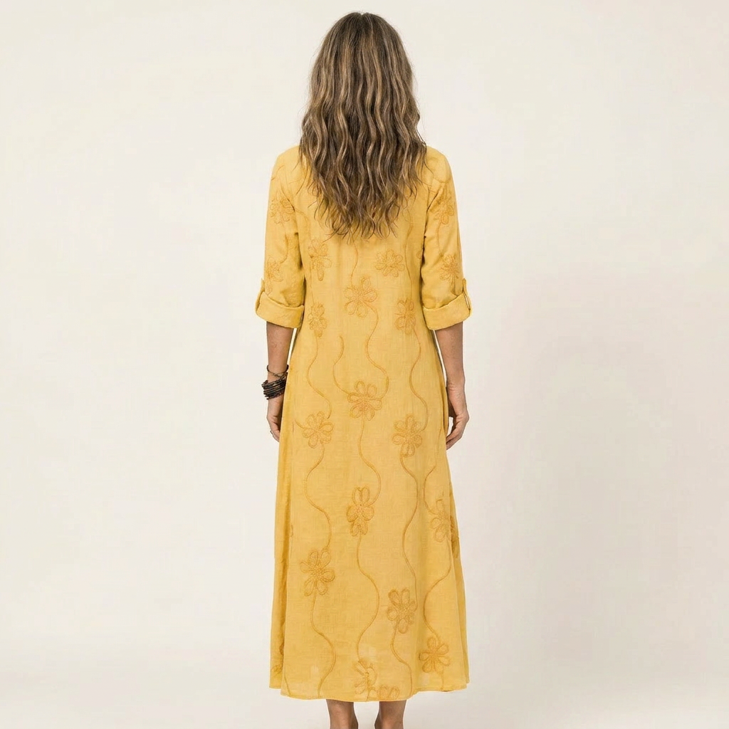 Mariam | Vestido Maxi de Algodón-Lino con Bordado Floral Tonal