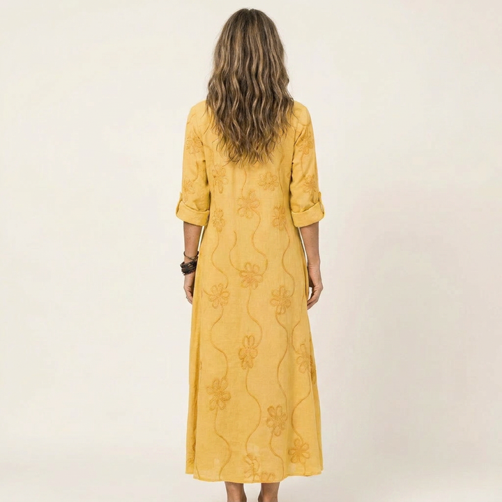 Mariam | Vestido Maxi de Algodón-Lino con Bordado Floral Tonal