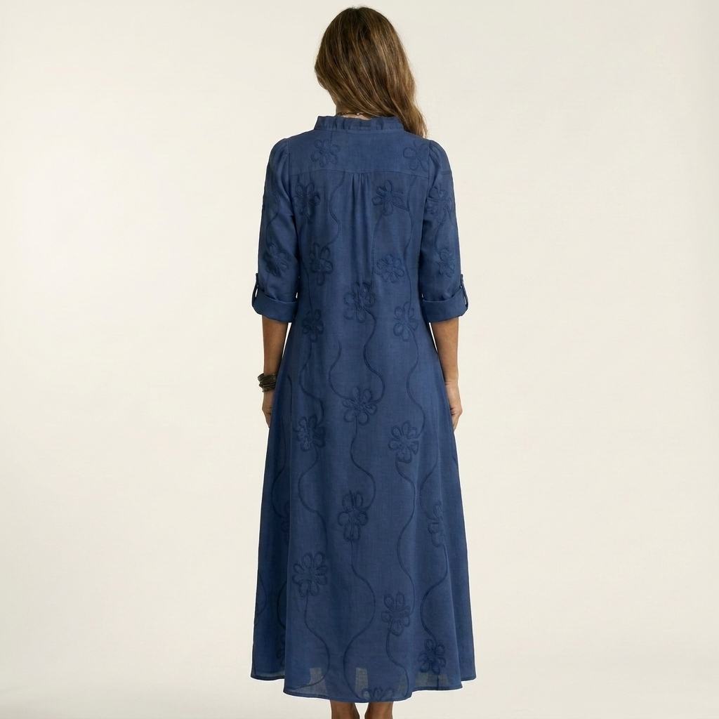 Mariam | Vestido Maxi de Algodón-Lino con Bordado Floral Tonal