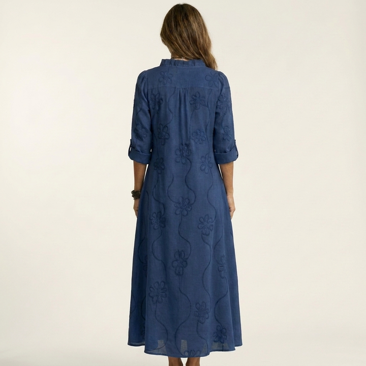 Mariam | Vestido Maxi de Algodón-Lino con Bordado Floral Tonal