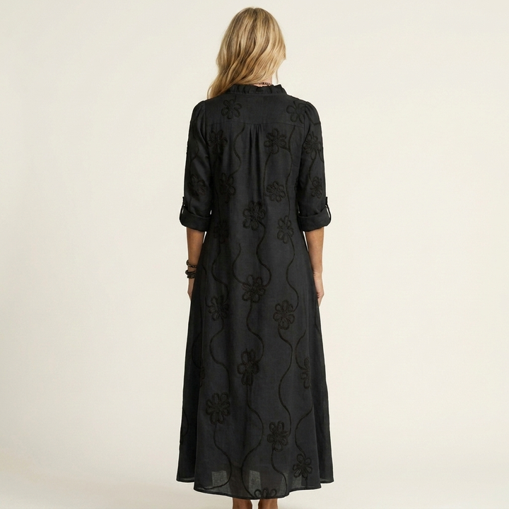 Mariam | Vestido Maxi de Algodón-Lino con Bordado Floral Tonal