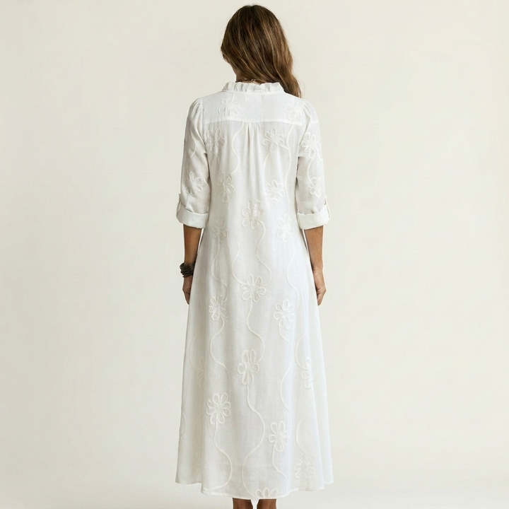 Mariam | Vestido Maxi de Algodón-Lino con Bordado Floral Tonal