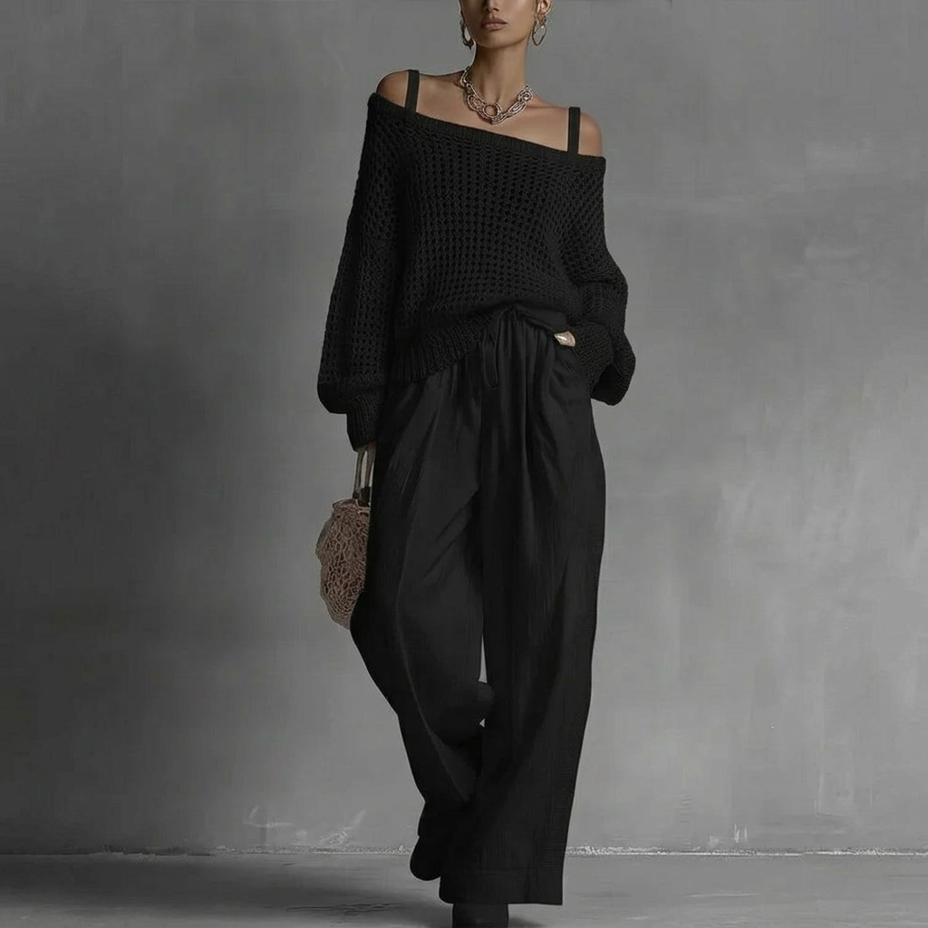 Isabel | Elegante conjunto de dos piezas con top de punto y pantalón ancho