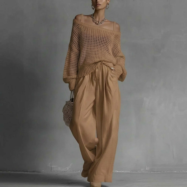 Isabel | Elegante conjunto de dos piezas con top de punto y pantalón ancho