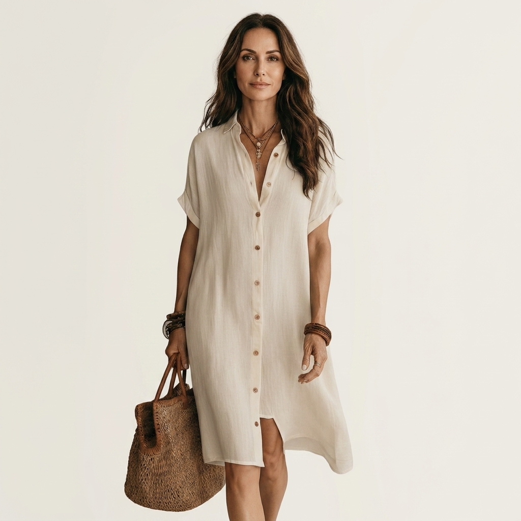 Nidalie | Vestido Midi de Camisa de Algodón-Lino con Puños Doblados