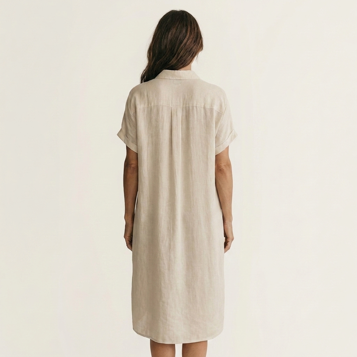 Nidalie | Vestido Midi de Camisa de Algodón-Lino con Puños Doblados