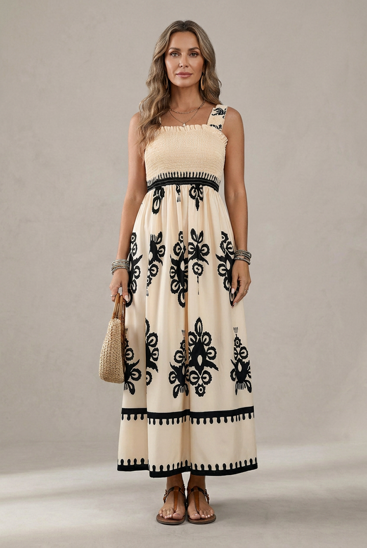 Martina | Vestido maxi con estampado artístico y cintura elástica