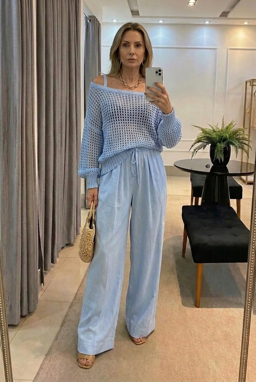 Isabel | Elegante conjunto de dos piezas con top de punto y pantalón ancho