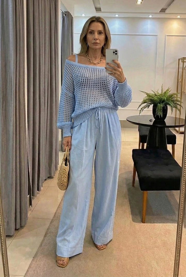 Isabel | Elegante conjunto de dos piezas con top de punto y pantalón ancho