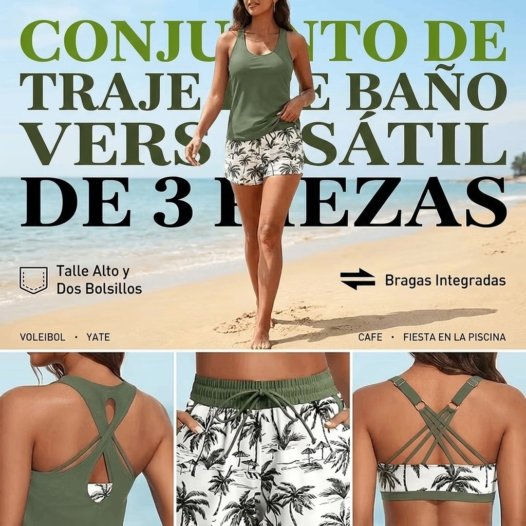 Lucía | Tankini de 3 piezas con control de abdomen y pantalones cortos