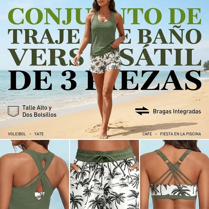 Lucía | Tankini de 3 piezas con control de abdomen y pantalones cortos