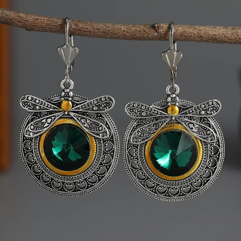Pendientes de Libélula de Zirconia Verde Vintage