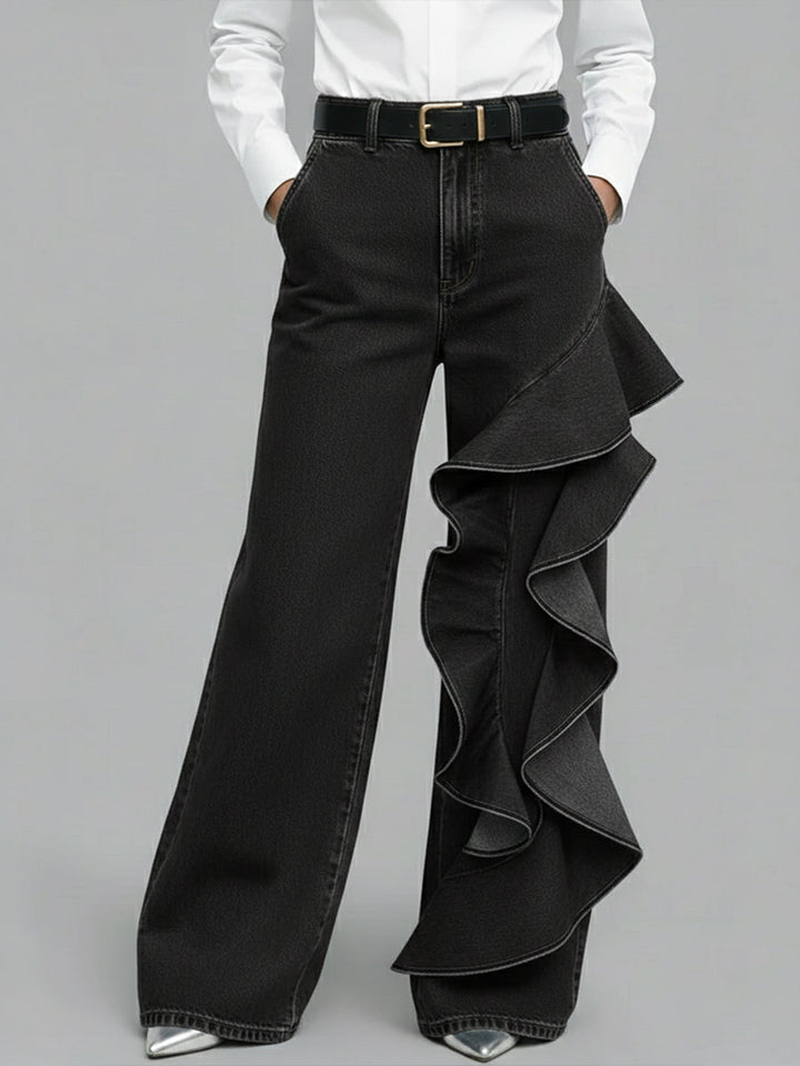 Luna | Jeans wide leg con volante asimétrico