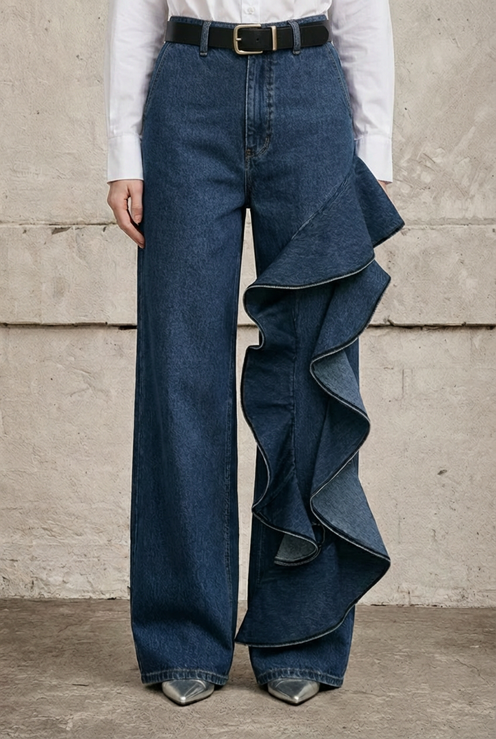 Luna | Jeans wide leg con volante asimétrico