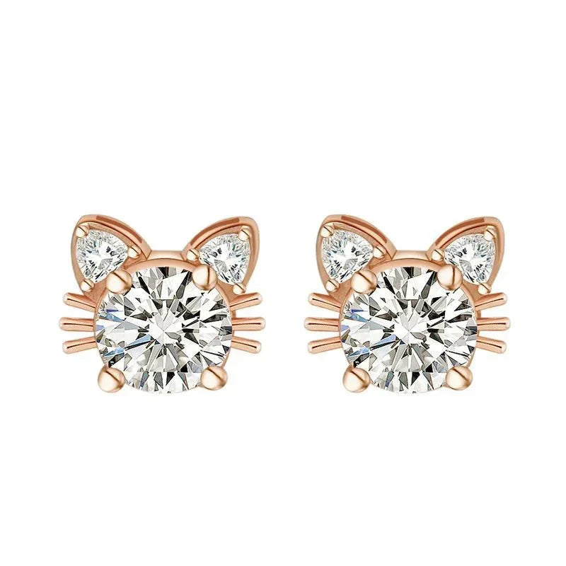Pendientes de Stud de Gato de Moissanita en Oro Rosa de 925 Plata Esterlina