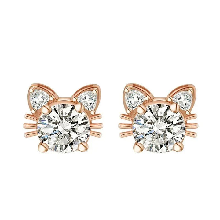 Pendientes de Stud de Gato de Moissanita en Oro Rosa de 925 Plata Esterlina