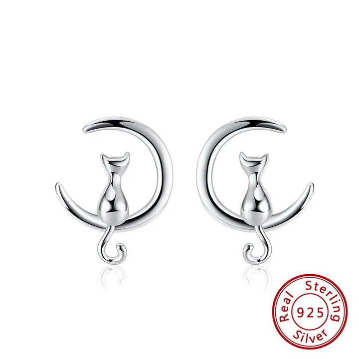 Pendientes de Gato de Plata Esterlina con Diseño de Luna