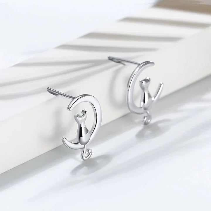 Pendientes de Gato de Plata Esterlina con Diseño de Luna