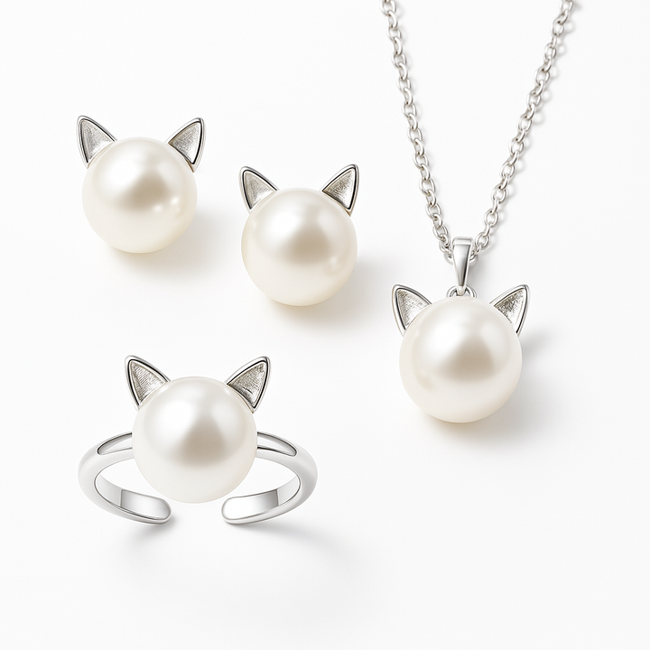 Hermoso Collar de Gato de Perlas con Pendientes y Anillo de Regalo