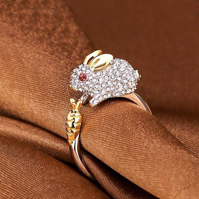 Anillo de Cristal de Conejo y Zanahoria Ajustable Único en Plata