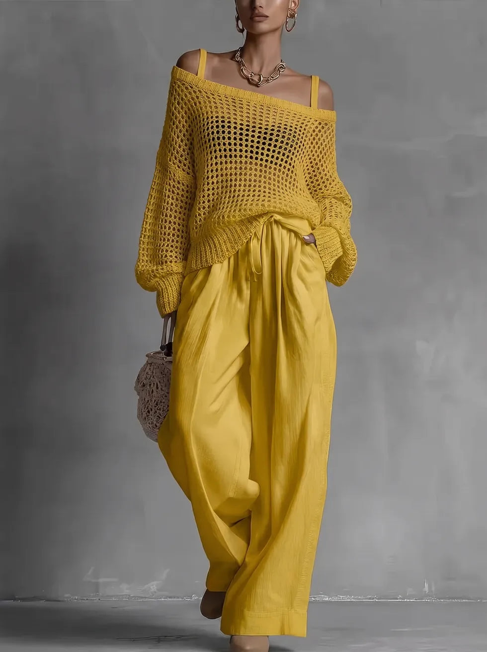 Isabel | Elegante conjunto de dos piezas con top de punto y pantalón ancho