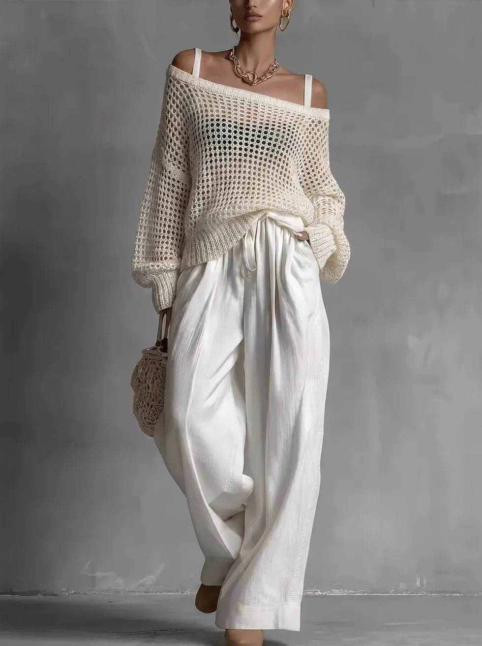 Isabel | Elegante conjunto de dos piezas con top de punto y pantalón ancho