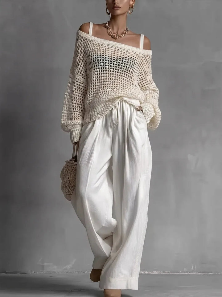 Isabel | Elegante conjunto de dos piezas con top de punto y pantalón ancho