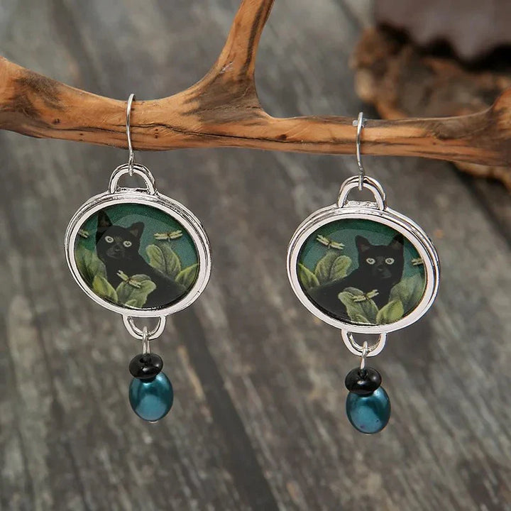 Pendientes Colgantes de Gato Negro Tropical Vintage